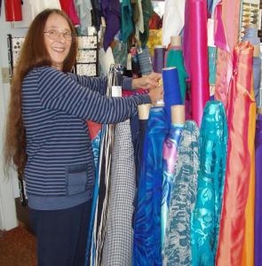Marjorie selecting the finest fabrics